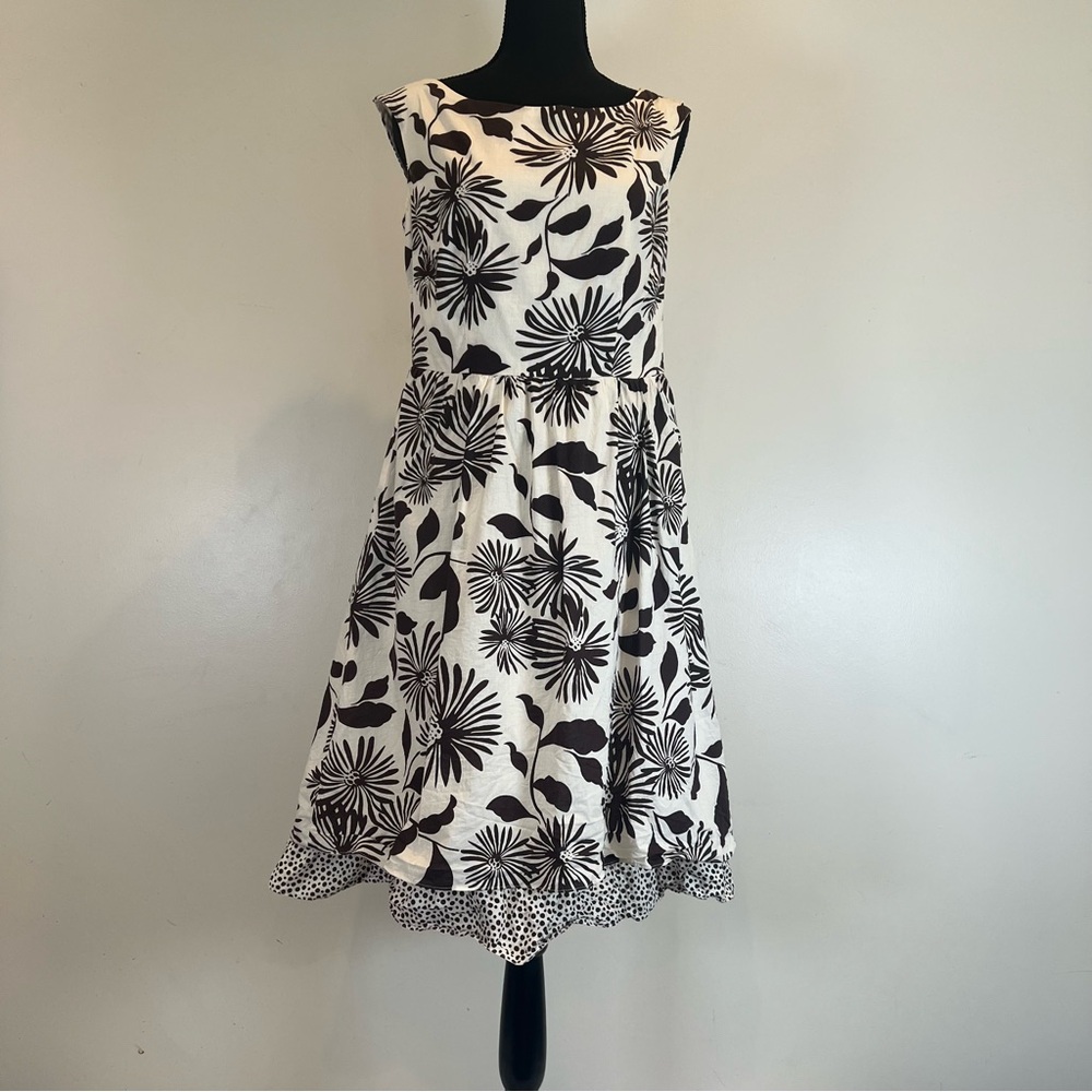 Believe...Women's 100% Cotton Sleeveless Dress Brown Ivory Floral Lined 12